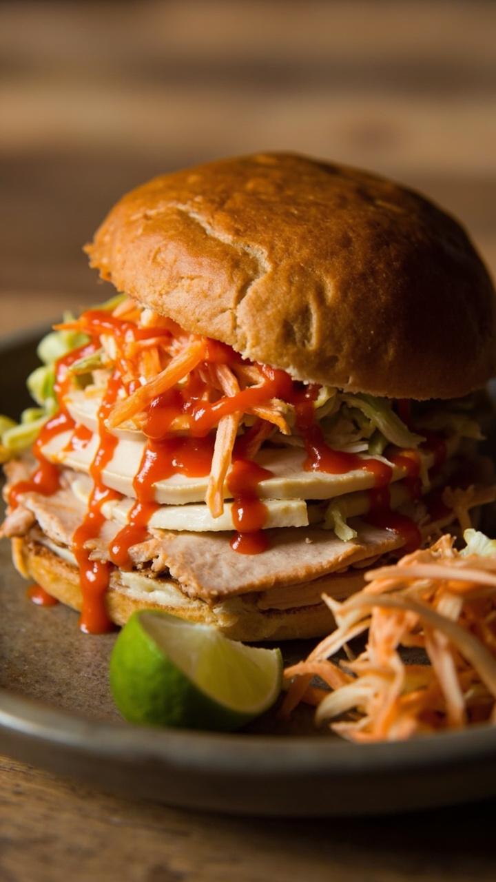 A sandwich on a soft brioche roll filled with sliced turkey, a crunchy slaw of cabbage and carrot, and streaks of orange-red sriracha mayo. Plate on a neutral ceramic plate with a lime wedge and a small heap of extra slaw. A sandwich on a soft brioche roll filled with sliced turkey, a crunchy slaw of cabbage and carrot, and streaks of orange-red sriracha mayo. Plate on a neutral ceramic plate with a lime wedge and a small heap of extra slaw.