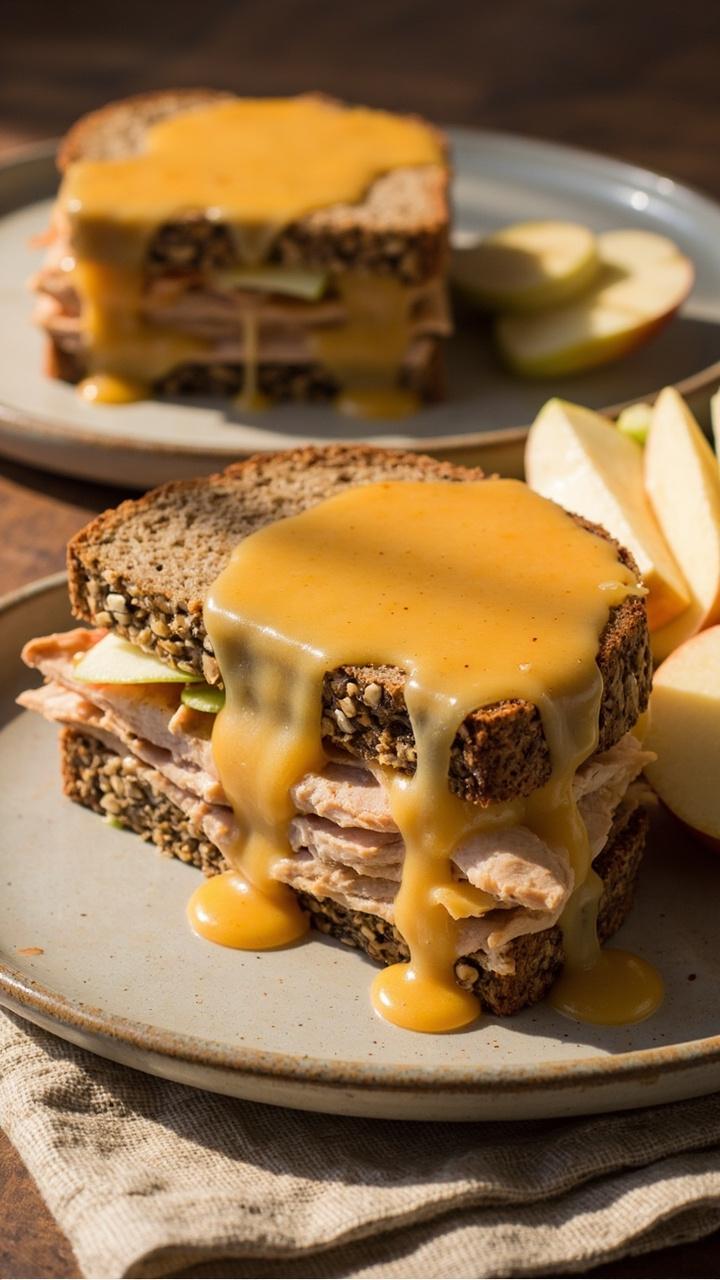 Two thick slices of multigrain bread with visible seeds, stacked with turkey, thin apple slices, and melted sharp cheddar. A few apple slices fan beside the sandwich on a light plate with a linen napkin. Two thick slices of multigrain bread with visible seeds, stacked with turkey, thin apple slices, and melted sharp cheddar. A few apple slices fan beside the sandwich on a light plate with a linen napkin.
