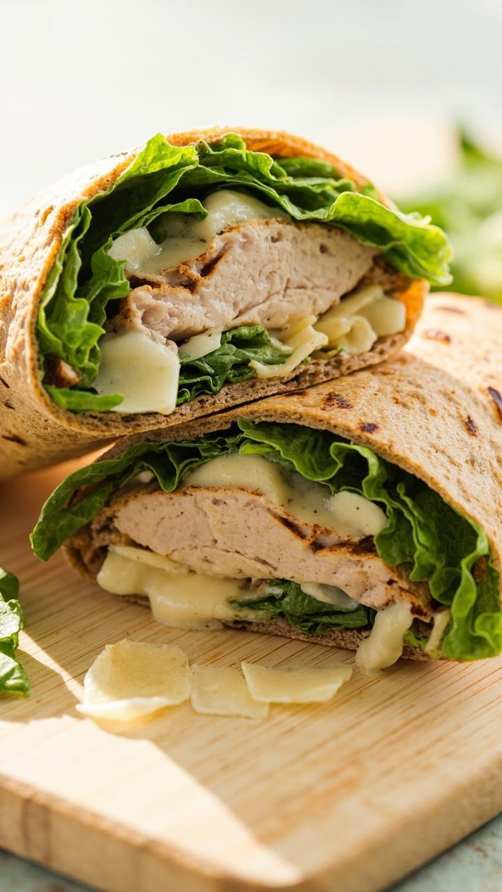 A whole wheat wrap sliced in half on the diagonal, showing grilled turkey, romaine, shaved Parmesan, and Caesar dressing layered inside. Wrapped halves sit on a clean cutting board with a few loose romaine leaves. A whole wheat wrap sliced in half on the diagonal, showing grilled turkey, romaine, shaved Parmesan, and Caesar dressing layered inside. Wrapped halves sit on a clean cutting board with a few loose romaine leaves.