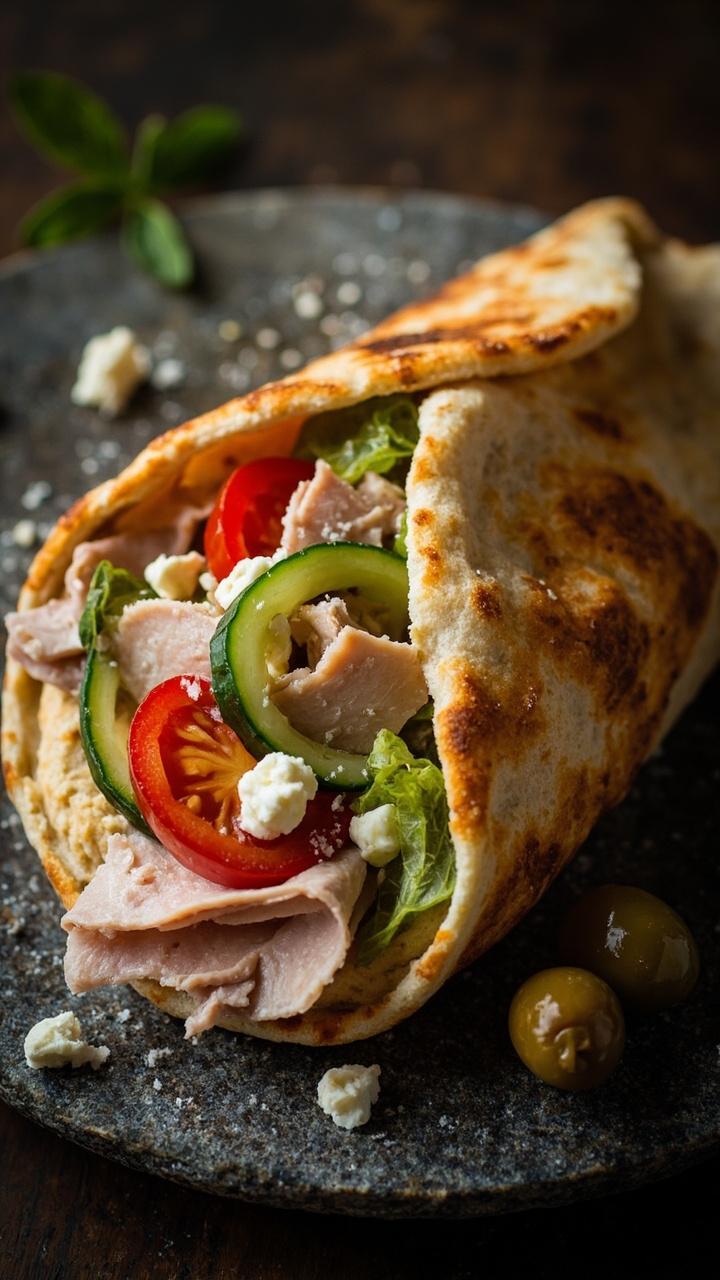 A pita pocket open to show hummus spread, slices of turkey, cucumber ribbons, cherry tomato halves, and crumbled feta peeking out. The pita sits on a stone plate with a small pile of olives beside it. A pita pocket open to show hummus spread, slices of turkey, cucumber ribbons, cherry tomato halves, and crumbled feta peeking out. The pita sits on a stone plate with a small pile of olives beside it.