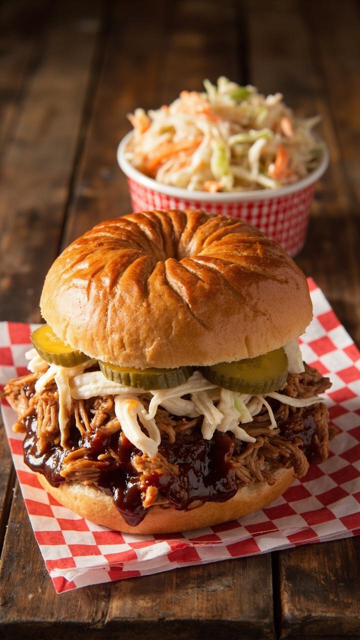 A glossy Kaiser roll filled with saucy pulled turkey, a scoop of crunchy slaw, and thin dill pickle slices. Sandwich rests on a checkered napkin with a small bowl of extra slaw to the side. A glossy Kaiser roll filled with saucy pulled turkey, a scoop of crunchy slaw, and thin dill pickle slices. Sandwich rests on a checkered napkin with a small bowl of extra slaw to the side.