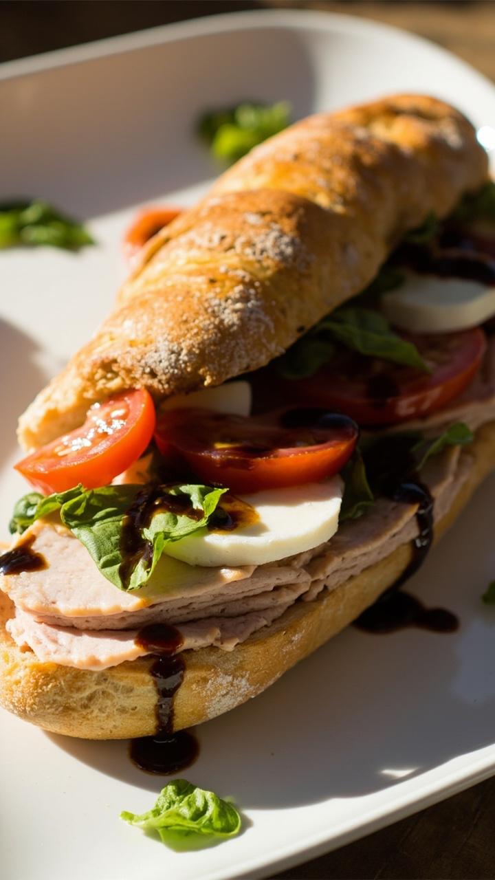 A baguette sandwich filled with turkey, slices of ripe tomato, fresh mozzarella rounds, basil leaves, and a drizzle of dark balsamic glaze. Sandwich on a white plate with a small scattering of basil leaves. A baguette sandwich filled with turkey, slices of ripe tomato, fresh mozzarella rounds, basil leaves, and a drizzle of dark balsamic glaze. Sandwich on a white plate with a small scattering of basil leaves.