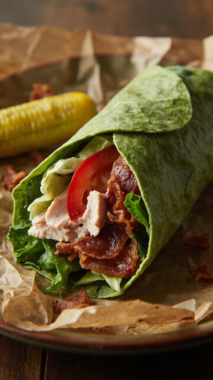 A spinach tortilla wrap cut on the diagonal, showing turkey, crispy bacon pieces, lettuce, and tomato. Wrap sits on a kraft paper-lined plate with a few loose bacon crumbs and a small pickle. A spinach tortilla wrap cut on the diagonal, showing turkey, crispy bacon pieces, lettuce, and tomato. Wrap sits on a kraft paper-lined plate with a few loose bacon crumbs and a small pickle.