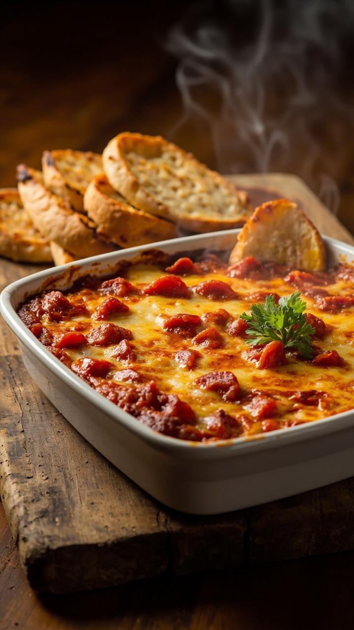 Shallow white ceramic baking dish filled with bubbling golden cheese and visible tomato sauce swirls, scattered mini pepperoni on top, fresh chopped parsley garnish, rustic wooden board underneath, warm toasted baguette slices fanned nearby Shallow white ceramic baking dish filled with bubbling golden cheese and visible tomato sauce swirls, scattered mini pepperoni on top, fresh chopped parsley garnish, rustic wooden board underneath, warm toasted baguette slices fanned nearby