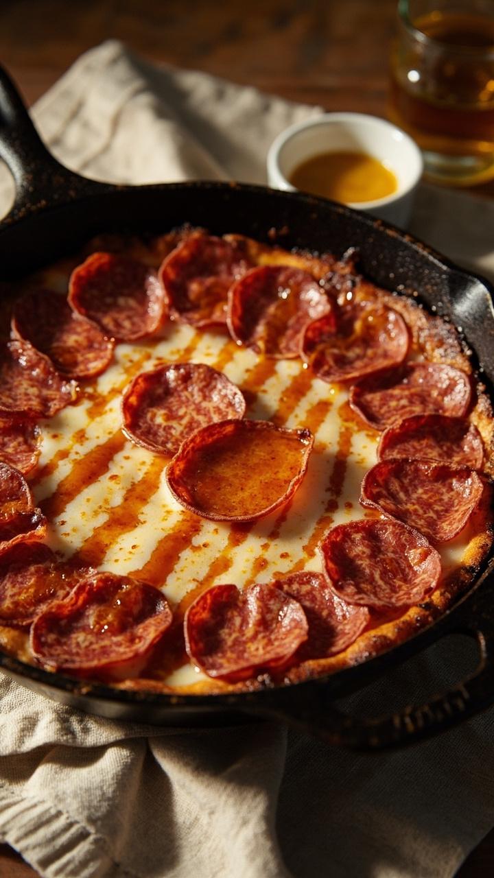 Oval cast iron skillet with glossy melted cheese, pepperoni arranged in concentric rings, light honey drizzle over the top, small ramekin of extra honey on the side, linen napkin under the skillet Oval cast iron skillet with glossy melted cheese, pepperoni arranged in concentric rings, light honey drizzle over the top, small ramekin of extra honey on the side, linen napkin under the skillet