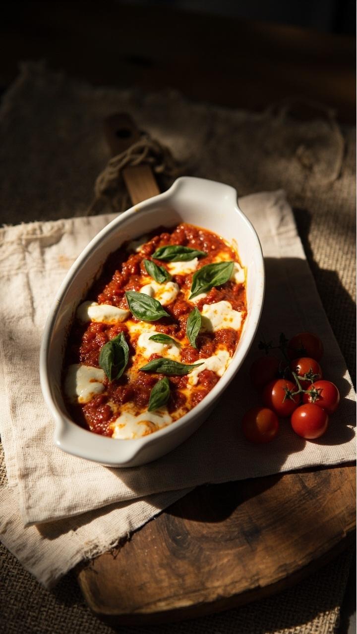 Shallow white dish with gentle swirls of red tomato sauce and melting mozzarella, torn fresh basil leaves scattered over the top, small pile of cherry tomato halves on the side, wooden board and linen placemat Shallow white dish with gentle swirls of red tomato sauce and melting mozzarella, torn fresh basil leaves scattered over the top, small pile of cherry tomato halves on the side, wooden board and linen placemat