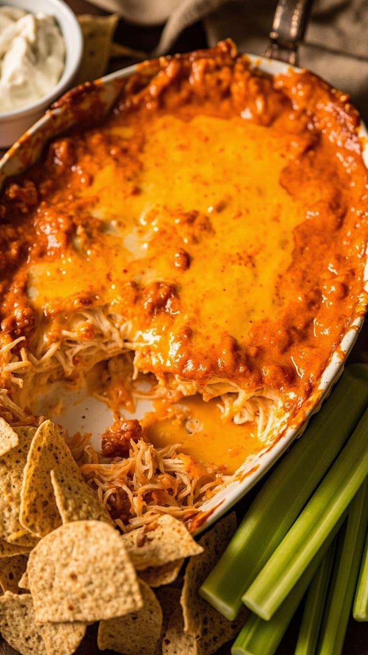 Shallow baking dish with orange tinged melted cheese and streaks of buffalo sauce, shredded cooked chicken visible under the cheese, small bowl of ranch dressing on the side, celery sticks and sturdy tortilla chips arranged around the dish Shallow baking dish with orange tinged melted cheese and streaks of buffalo sauce, shredded cooked chicken visible under the cheese, small bowl of ranch dressing on the side, celery sticks and sturdy tortilla chips arranged around the dish