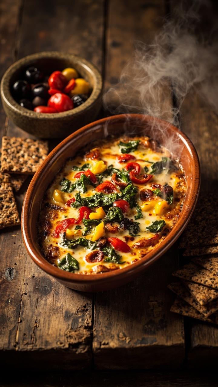 Shallow oval dish with melted cheese top speckled with roasted bell peppers, black olive slices, and chopped spinach, small bowl of extra roasted veggies on the side, whole grain crackers fanned nearby Shallow oval dish with melted cheese top speckled with roasted bell peppers, black olive slices, and chopped spinach, small bowl of extra roasted veggies on the side, whole grain crackers fanned nearby