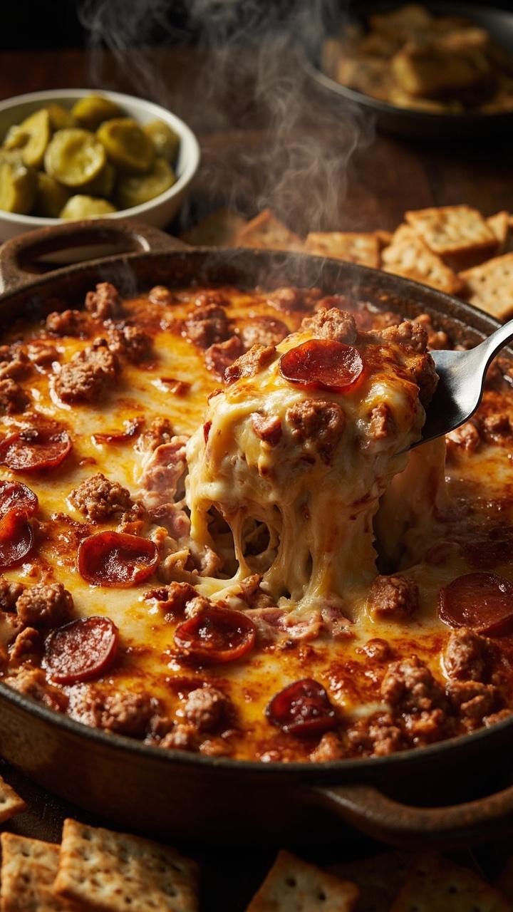 Deep baking dish overflowing with melty cheese studded with browned sausage crumbles, diced ham, and pepperoni, small bowl of sliced pickles on the side, metal spatula ready to scoop, heavy duty crackers around the dish Deep baking dish overflowing with melty cheese studded with browned sausage crumbles, diced ham, and pepperoni, small bowl of sliced pickles on the side, metal spatula ready to scoop, heavy duty crackers around the dish
