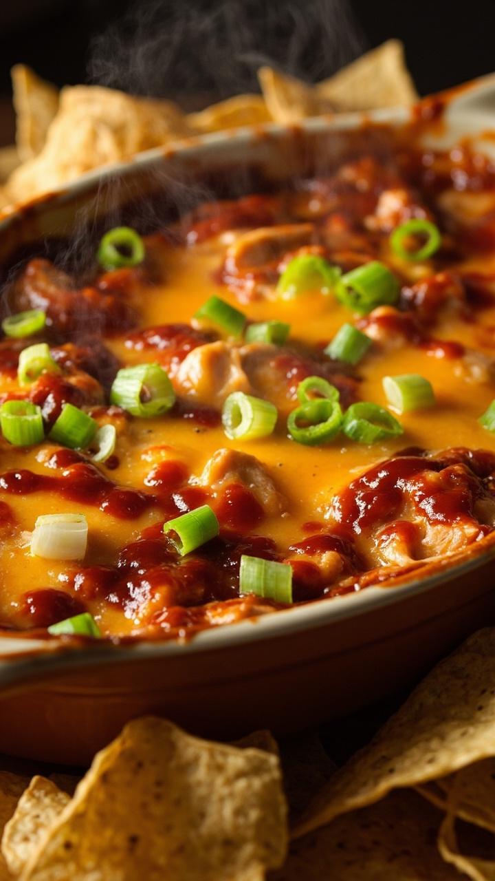 Shallow baking dish with glossy barbecue sauce swirled through melted cheese, shredded chicken visible under the top, sliced green onions scattered, corn chips arranged for dipping Shallow baking dish with glossy barbecue sauce swirled through melted cheese, shredded chicken visible under the top, sliced green onions scattered, corn chips arranged for dipping