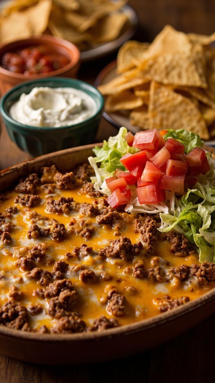 Shallow baking dish with melted cheese studded with seasoned ground beef, chopped tomatoes and shredded lettuce piled on one side after baking, small bowls of salsa and sour cream nearby, sturdy tortilla chips for scooping Shallow baking dish with melted cheese studded with seasoned ground beef, chopped tomatoes and shredded lettuce piled on one side after baking, small bowls of salsa and sour cream nearby, sturdy tortilla chips for scooping