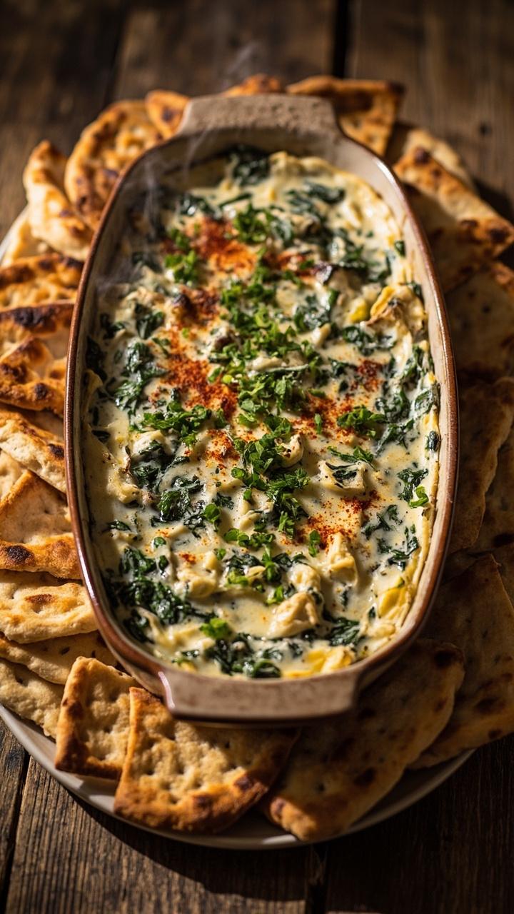 Oval baking dish with creamy white and green streaks of spinach and artichoke heart pieces visible, toasted pita triangles arranged around the dish, sprinkle of paprika and chopped parsley on top, wooden table setting Oval baking dish with creamy white and green streaks of spinach and artichoke heart pieces visible, toasted pita triangles arranged around the dish, sprinkle of paprika and chopped parsley on top, wooden table setting