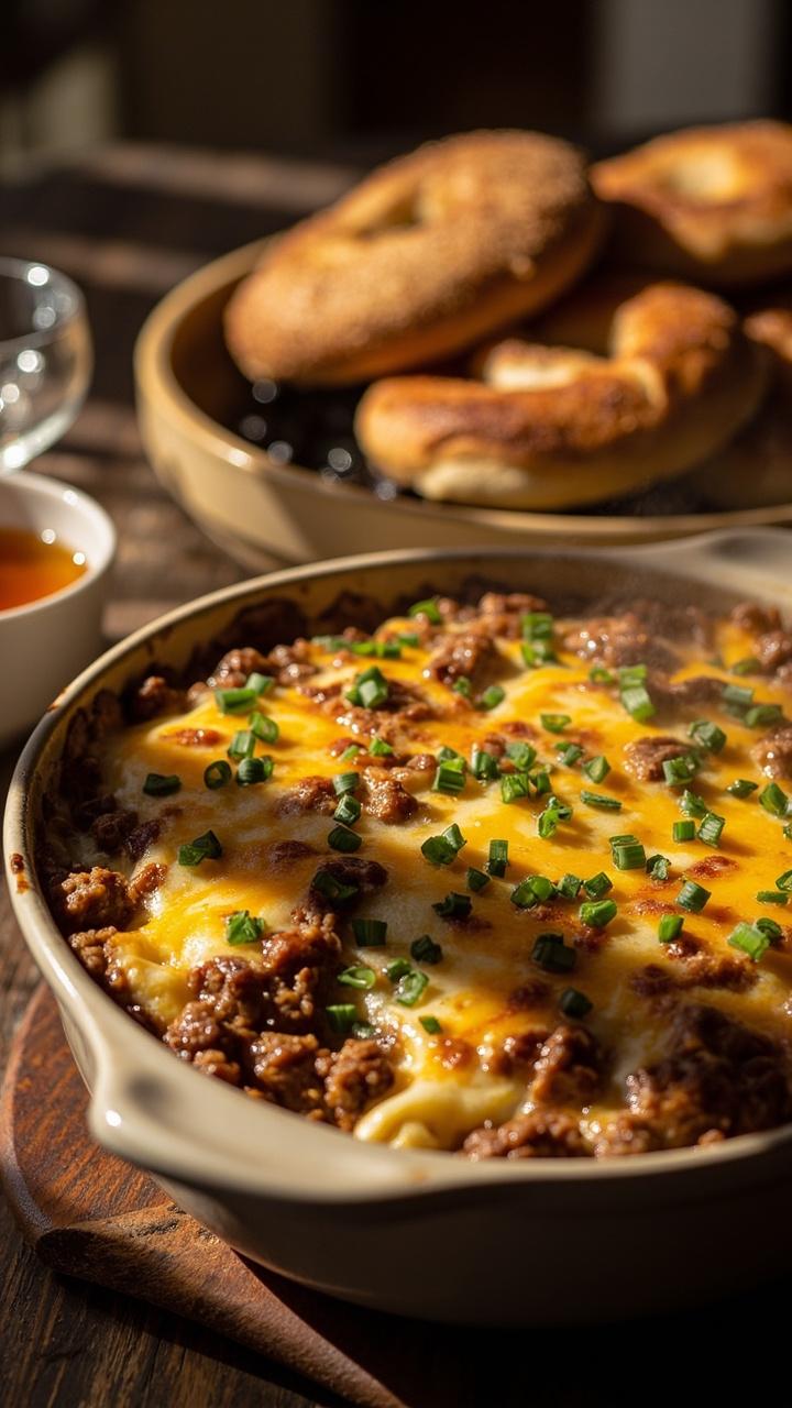 Shallow baking dish with golden cheese and crumbled breakfast sausage, scattered chopped chives on top, small bowl of warmed maple syrup on the side, sliced bagels and toasted English muffins arranged nearby Shallow baking dish with golden cheese and crumbled breakfast sausage, scattered chopped chives on top, small bowl of warmed maple syrup on the side, sliced bagels and toasted English muffins arranged nearby