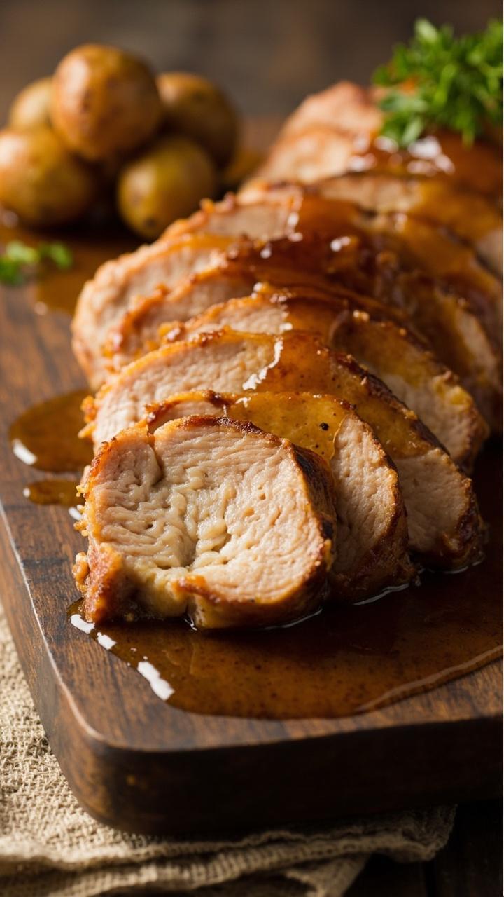 Sliced golden glazed pork tenderloin fanned on a wooden cutting board, a small puddle of honey mustard glaze beside it, roasted baby potatoes in the background, a sprig of parsley on top for color, a linen napkin folded under the board Sliced golden glazed pork tenderloin fanned on a wooden cutting board, a small puddle of honey mustard glaze beside it, roasted baby potatoes in the background, a sprig of parsley on top for color, a linen napkin folded under the board
