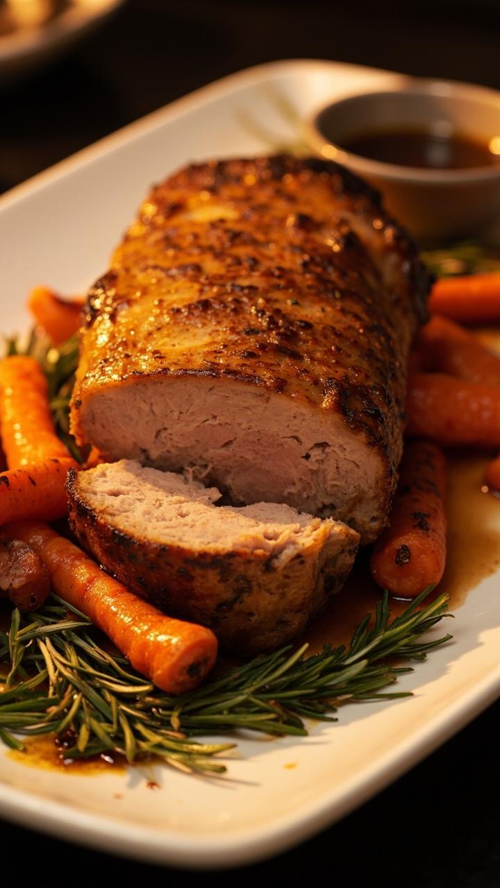 Whole roasted pork tenderloin with a golden crust resting on a white ceramic platter, scattered roasted carrot sticks around it, a small bowl of pan juices on the side, fresh rosemary sprigs tucked under the pork Whole roasted pork tenderloin with a golden crust resting on a white ceramic platter, scattered roasted carrot sticks around it, a small bowl of pan juices on the side, fresh rosemary sprigs tucked under the pork