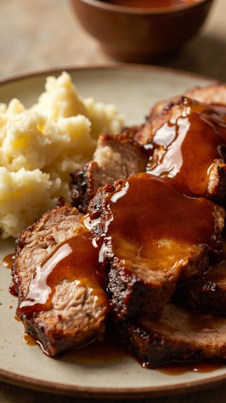Thick slices of glazed pork with a shiny amber maple Dijon coating arranged on a simple round plate, a scoop of mashed potatoes beside it, a drizzle of extra glaze over the meat, small bowl of extra glaze in the back Thick slices of glazed pork with a shiny amber maple Dijon coating arranged on a simple round plate, a scoop of mashed potatoes beside it, a drizzle of extra glaze over the meat, small bowl of extra glaze in the back