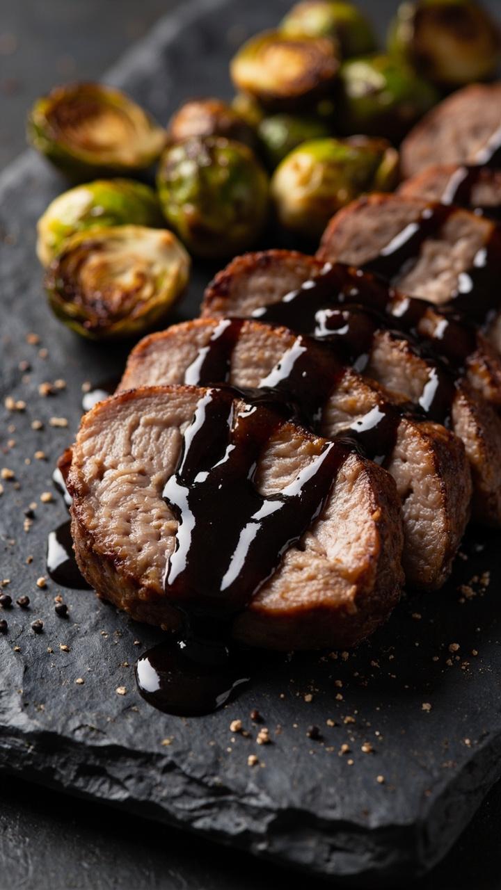 Sliced pork tenderloin with a dark glossy balsamic glaze drizzled over each piece on a slate serving board, a small pile of roasted Brussels sprouts to one side, a scattering of cracked black pepper on the meat Sliced pork tenderloin with a dark glossy balsamic glaze drizzled over each piece on a slate serving board, a small pile of roasted Brussels sprouts to one side, a scattering of cracked black pepper on the meat