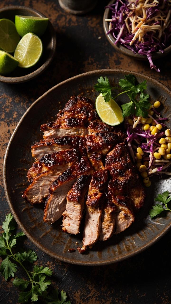 Sliced pork with a dark spicy crust arranged on a rustic plate, a small bowl of lime wedges beside it, a side of corn and cabbage slaw in a small bowl, cilantro scattered for color Sliced pork with a dark spicy crust arranged on a rustic plate, a small bowl of lime wedges beside it, a side of corn and cabbage slaw in a small bowl, cilantro scattered for color