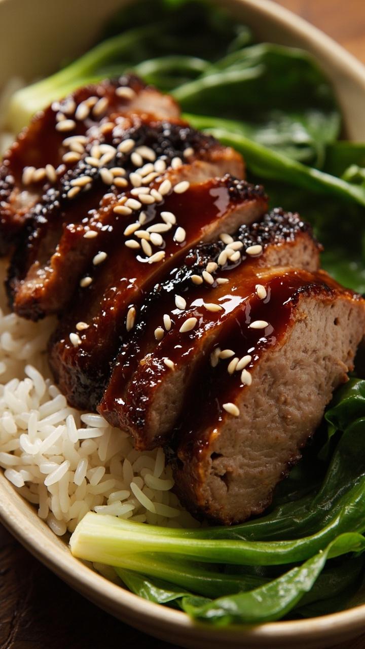 Sliced pork with a deep brown caramelized glaze on a shallow oval dish, a bed of white rice under a few slices, steamed bok choy leaves arranged at the edge, sesame seeds sprinkled over the pork Sliced pork with a deep brown caramelized glaze on a shallow oval dish, a bed of white rice under a few slices, steamed bok choy leaves arranged at the edge, sesame seeds sprinkled over the pork