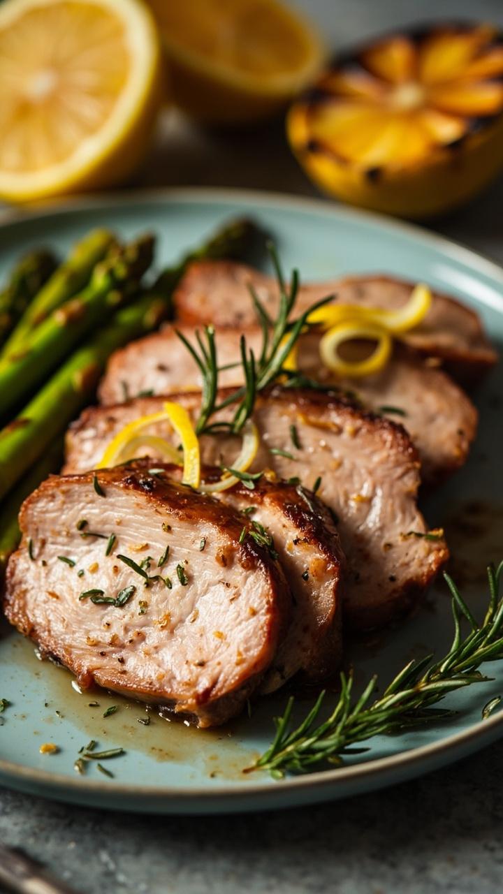 Sliced pork with flecks of rosemary and lemon zest on a pale blue plate, roasted asparagus spears alongside, lemon halves halved and charred slightly in the background, a few fresh rosemary sprigs for garnish Sliced pork with flecks of rosemary and lemon zest on a pale blue plate, roasted asparagus spears alongside, lemon halves halved and charred slightly in the background, a few fresh rosemary sprigs for garnish