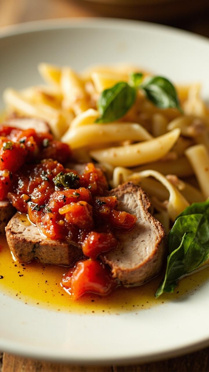 Sliced pork topped with a chunky tomato basil compote on a white dinner plate, a spoonful of cooked penne pasta tossed with olive oil and garlic beside it, fresh basil leaves scattered on top Sliced pork topped with a chunky tomato basil compote on a white dinner plate, a spoonful of cooked penne pasta tossed with olive oil and garlic beside it, fresh basil leaves scattered on top