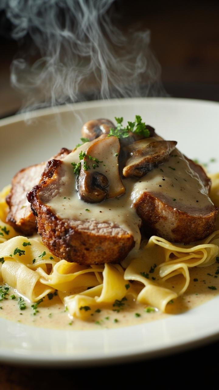 Sliced pork with creamy mushroom sauce spooned over the center on a shallow white bowl, sautéed mushrooms visible in the sauce, buttered egg noodles tucked under the pork, chopped parsley sprinkled for color Sliced pork with creamy mushroom sauce spooned over the center on a shallow white bowl, sautéed mushrooms visible in the sauce, buttered egg noodles tucked under the pork, chopped parsley sprinkled for color
