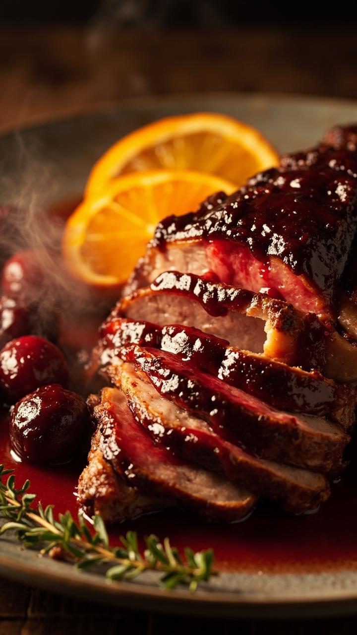 Sliced pork with a glossy reddish cranberry orange glaze on a round platter, a few whole roasted cranberries and orange slices beside the meat, a small sprig of thyme for color Sliced pork with a glossy reddish cranberry orange glaze on a round platter, a few whole roasted cranberries and orange slices beside the meat, a small sprig of thyme for color