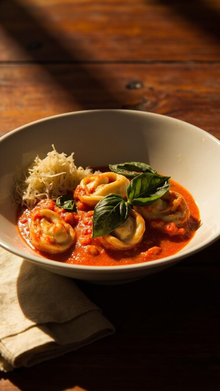 A shallow white bowl of glossy red cream sauce with cheese tortellini nestled in the center, bright whole basil leaves on top, a small pile of grated Parmesan to one side, a warm wood table and a linen napkin folded beside the bowl A shallow white bowl of glossy red cream sauce with cheese tortellini nestled in the center, bright whole basil leaves on top, a small pile of grated Parmesan to one side, a warm wood table and a linen napkin folded beside the bowl
