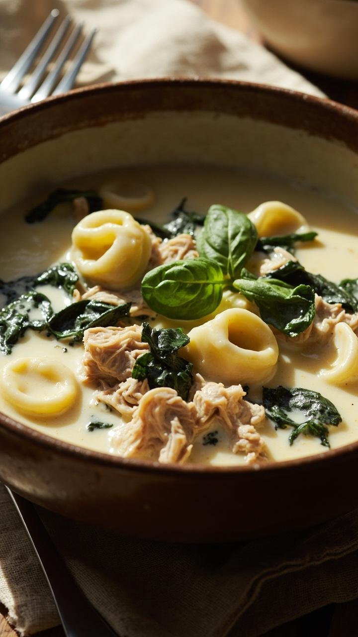 A deep ceramic bowl with pale cream sauce dotted with wilted spinach and shredded chicken, cheese tortellini peeking through, a sprig of baby spinach on top, a soft linen napkin and a fork resting on the side A deep ceramic bowl with pale cream sauce dotted with wilted spinach and shredded chicken, cheese tortellini peeking through, a sprig of baby spinach on top, a soft linen napkin and a fork resting on the side
