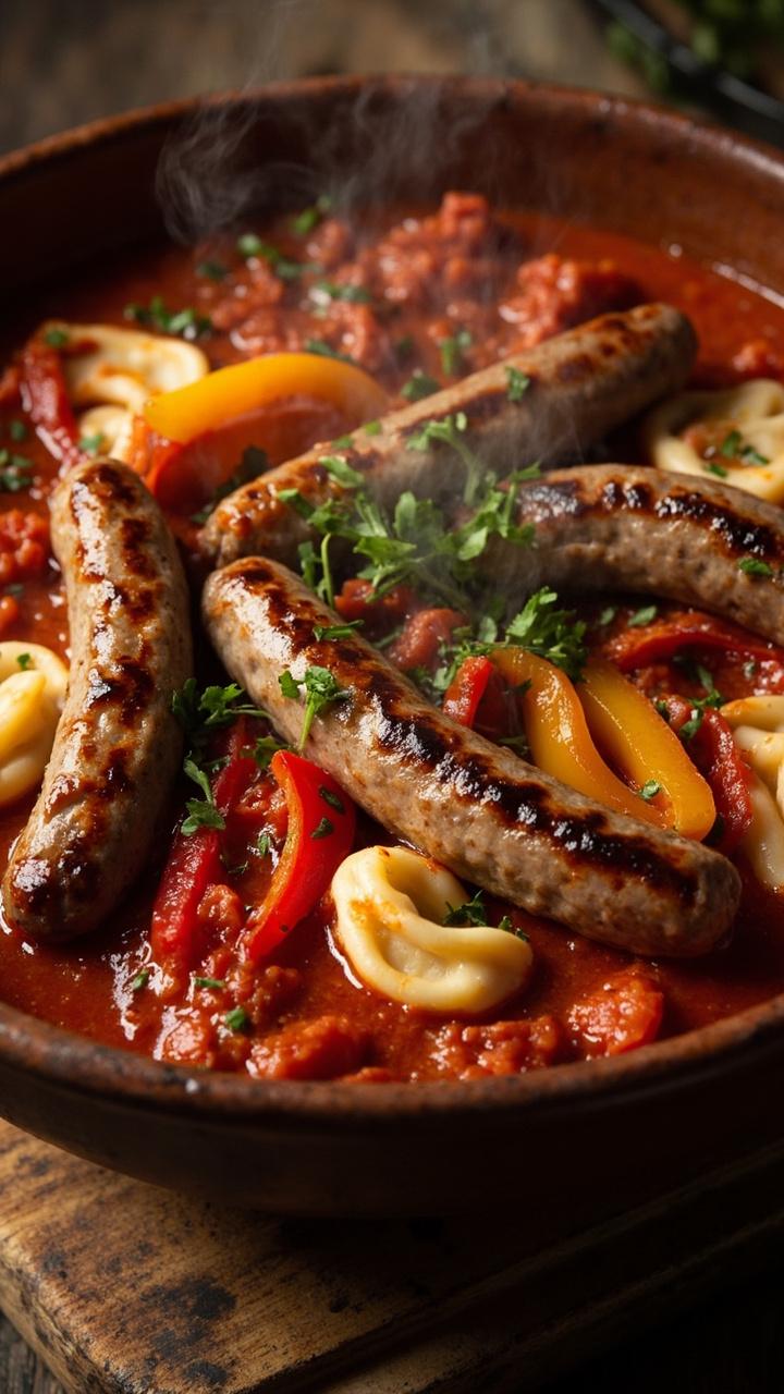 A wide shallow bowl of chunky red sauce with slices of browned Italian sausage and strips of red and yellow peppers, cheese tortellini scattered through, a sprinkle of chopped parsley, and a wooden board underneath A wide shallow bowl of chunky red sauce with slices of browned Italian sausage and strips of red and yellow peppers, cheese tortellini scattered through, a sprinkle of chopped parsley, and a wooden board underneath