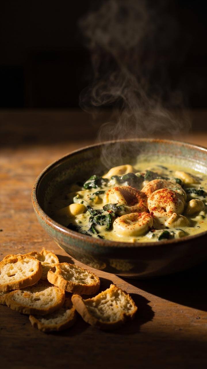 A rustic bowl of creamy pale green sauce with chunks of artichoke hearts and flecks of spinach, cheese tortellini arranged on top, a small stack of crostini on the side and a sprinkling of paprika for color A rustic bowl of creamy pale green sauce with chunks of artichoke hearts and flecks of spinach, cheese tortellini arranged on top, a small stack of crostini on the side and a sprinkling of paprika for color