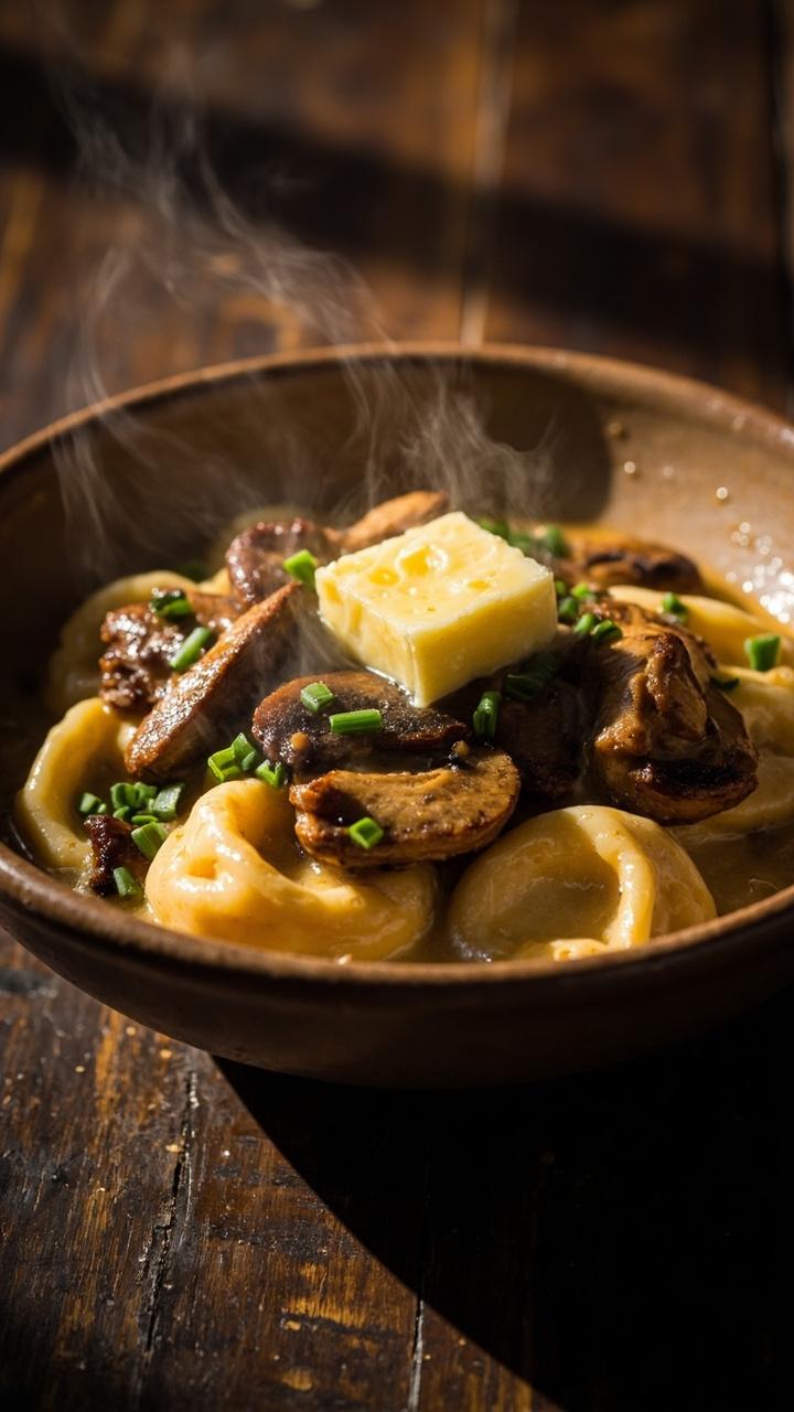 A shallow bowl with glossy brown mushroom pieces in a creamy tan sauce, cheese tortellini nestled in, a sprinkle of chopped chives and a small pat of melting butter on top, dark wood table background A shallow bowl with glossy brown mushroom pieces in a creamy tan sauce, cheese tortellini nestled in, a sprinkle of chopped chives and a small pat of melting butter on top, dark wood table background