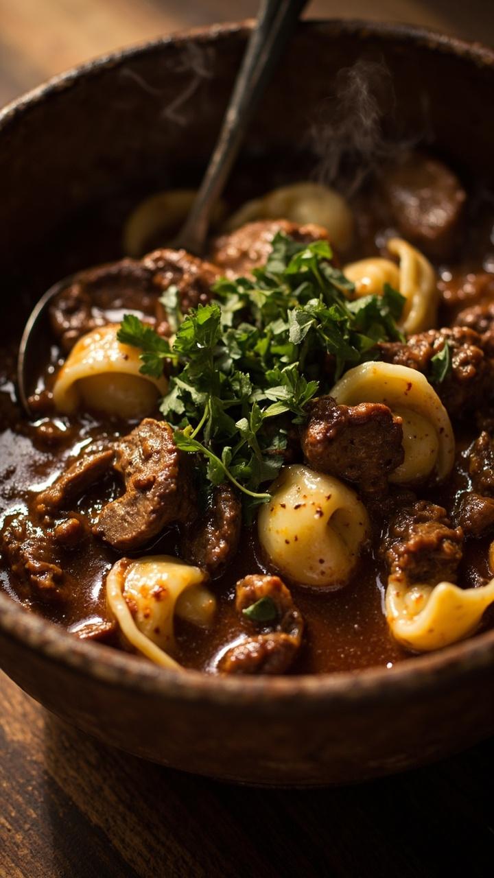 A deep bowl filled with rich brown stew, visible chunks of beef and mushrooms, cheese tortellini peeking through, a sprinkle of parsley and a rustic spoon resting in the bowl A deep bowl filled with rich brown stew, visible chunks of beef and mushrooms, cheese tortellini peeking through, a sprinkle of parsley and a rustic spoon resting in the bowl