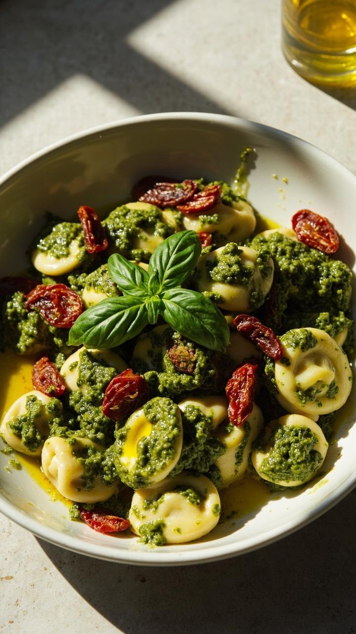A shallow white bowl with green pesto coated tortellini, red strips of sun dried tomato scattered on top, a few whole basil leaves and a drizzle of olive oil, sunlight on a simple tabletop A shallow white bowl with green pesto coated tortellini, red strips of sun dried tomato scattered on top, a few whole basil leaves and a drizzle of olive oil, sunlight on a simple tabletop