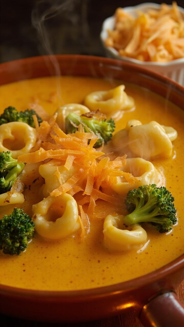 A bright bowl of golden cheddar sauce with green broccoli florets and cheese tortellini, grated sharp cheddar melting on top, a small ramekin of extra shredded cheese beside the bowl A bright bowl of golden cheddar sauce with green broccoli florets and cheese tortellini, grated sharp cheddar melting on top, a small ramekin of extra shredded cheese beside the bowl