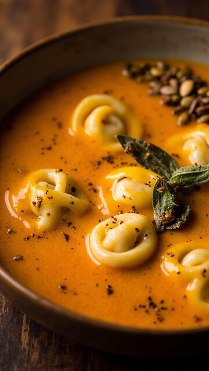 A shallow bowl of velvety orange pumpkin sauce with flecks of brown sage, cheese tortellini nestled in, a light drizzle of browned butter and a few toasted pumpkin seeds on the side A shallow bowl of velvety orange pumpkin sauce with flecks of brown sage, cheese tortellini nestled in, a light drizzle of browned butter and a few toasted pumpkin seeds on the side