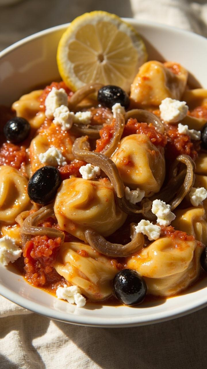 A white shallow bowl with pale tomato or olive oil based sauce, scattered black and green olive slices, crumbled feta on top, cheese tortellini mixed through and a wedge of lemon on the side A white shallow bowl with pale tomato or olive oil based sauce, scattered black and green olive slices, crumbled feta on top, cheese tortellini mixed through and a wedge of lemon on the side