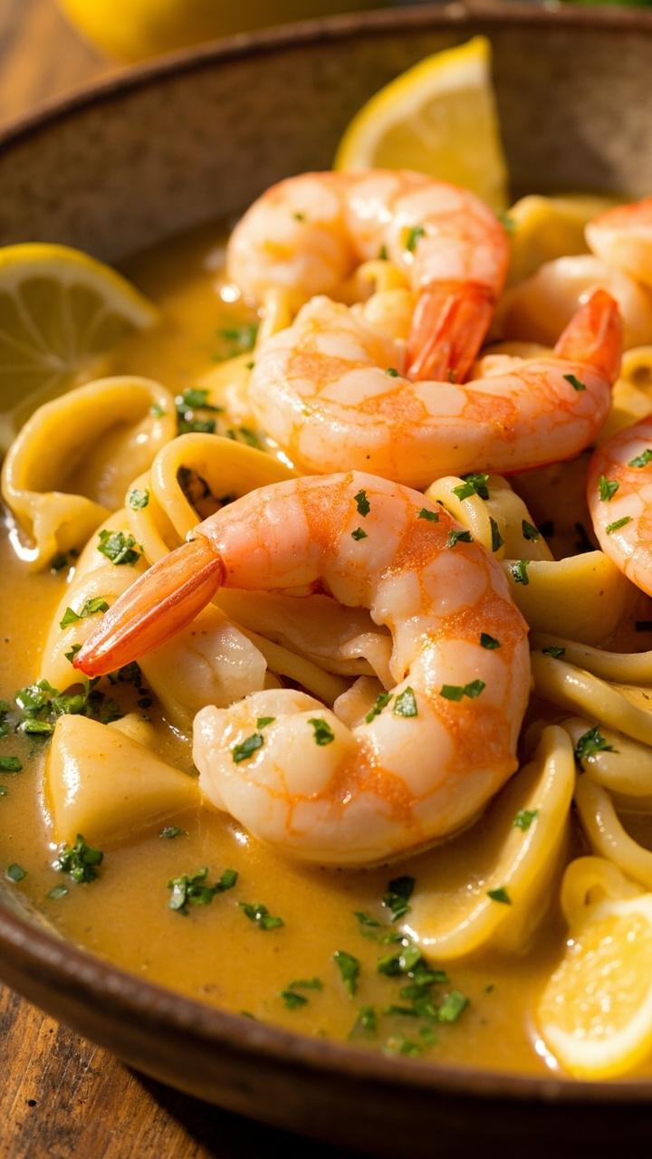 A shallow bowl of glossy lemon garlic sauce with pink shrimp curled on top, cheese tortellini underneath, a few lemon wedges and chopped parsley scattered over the dish A shallow bowl of glossy lemon garlic sauce with pink shrimp curled on top, cheese tortellini underneath, a few lemon wedges and chopped parsley scattered over the dish