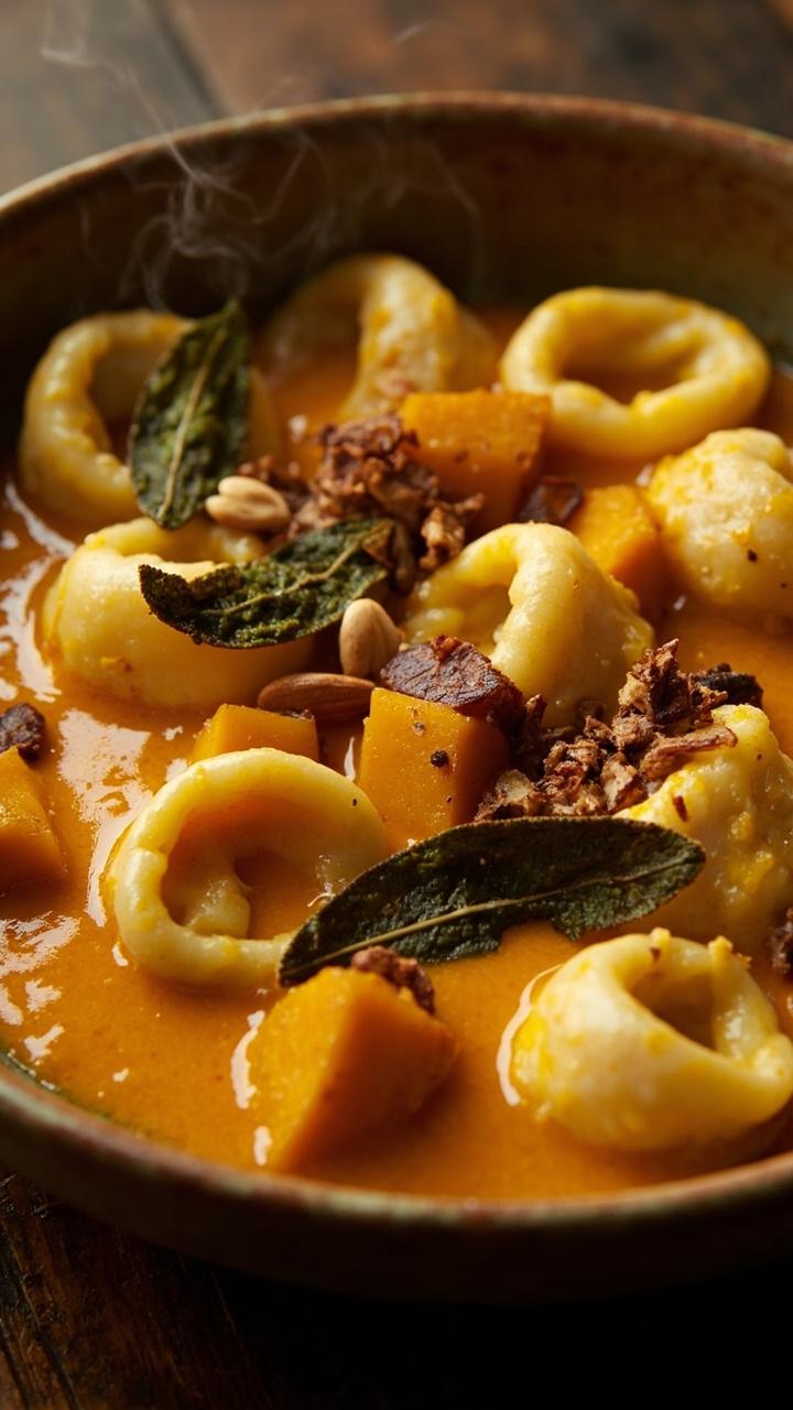 A shallow bowl of golden orange squash sauce with small cubes of roasted butternut visible, cheese tortellini mixed in, a few fried sage leaves on top and a sprinkle of toasted pine nuts A shallow bowl of golden orange squash sauce with small cubes of roasted butternut visible, cheese tortellini mixed in, a few fried sage leaves on top and a sprinkle of toasted pine nuts