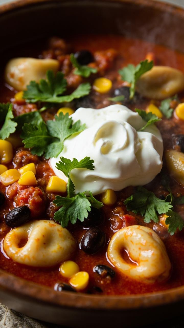 A wide bowl with chunky tomato and black bean base, yellow corn kernels and cheese tortellini mixed through, a dollop of plain yogurt on the side and chopped cilantro sprinkled on top A wide bowl with chunky tomato and black bean base, yellow corn kernels and cheese tortellini mixed through, a dollop of plain yogurt on the side and chopped cilantro sprinkled on top