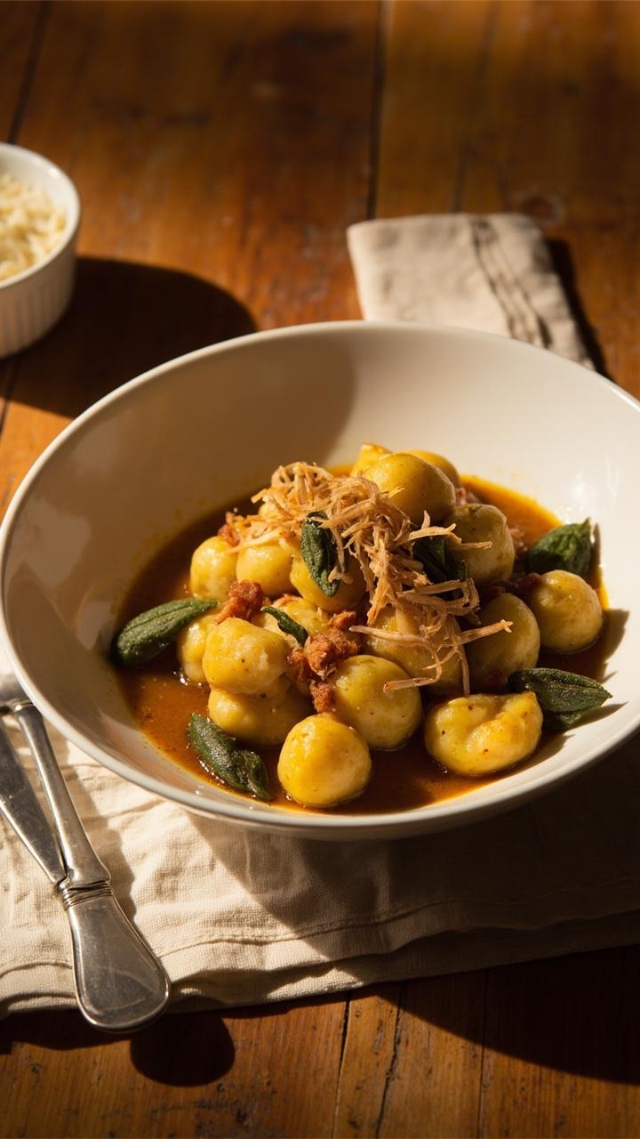 Golden pumpkin gnocchi lightly browned in butter resting in a shallow white bowl, glossy butter sauce pooling at the base, crisp fried sage leaves scattered on top, a small ramekin of freshly grated parmesan at the side, warm wood table and a folded linen napkin