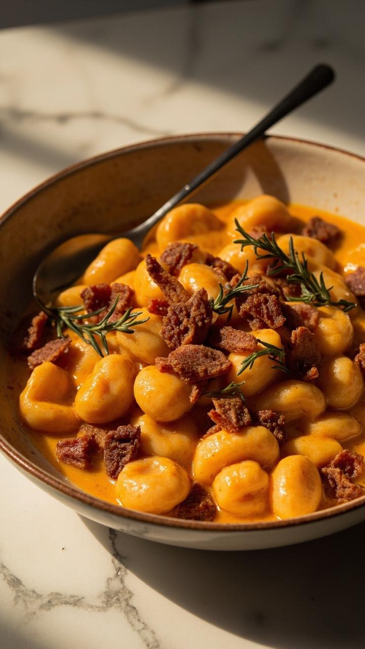 Creamy orange pumpkin gnocchi in a shallow bowl with bits of crisp pancetta on top, sprigs of fresh thyme scattered across, a small spoon resting on the rim, marble countertop and soft warm lighting