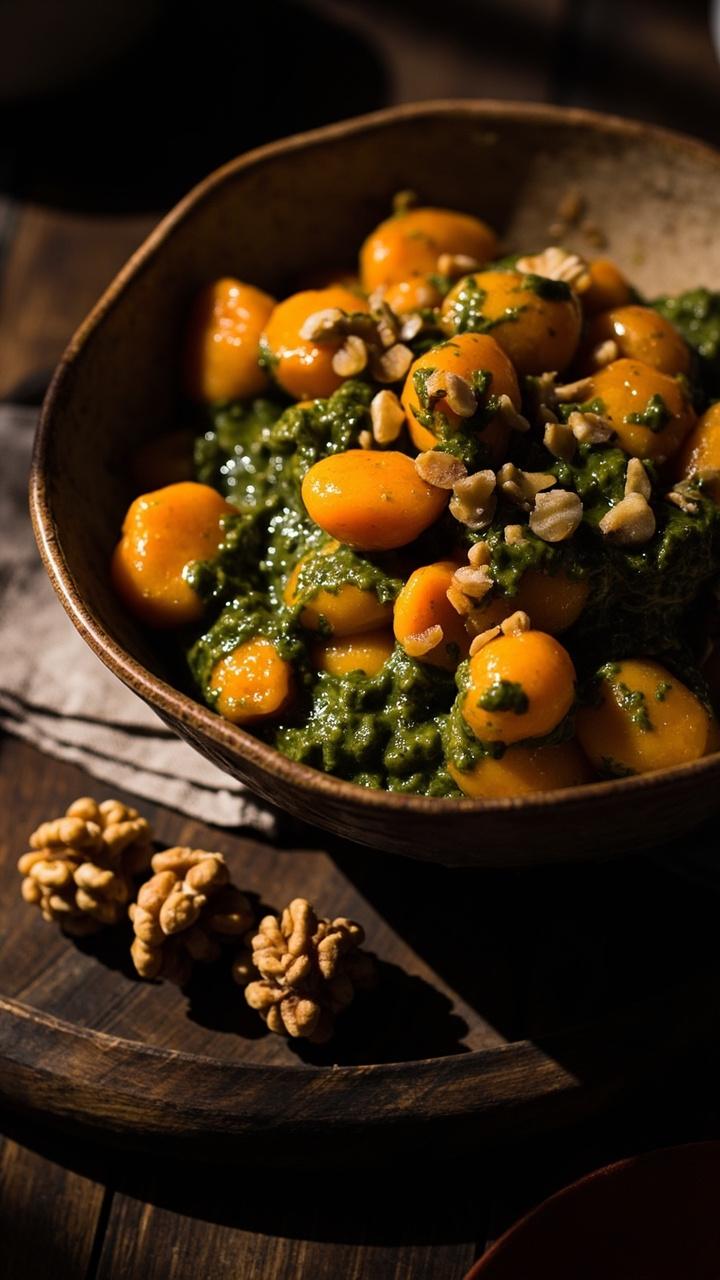 Orange pumpkin gnocchi coated in a chunky green walnut pesto in a deep bowl, crushed toasted walnuts sprinkled on top, a few whole walnut halves at the edge, wood board and a folded napkin