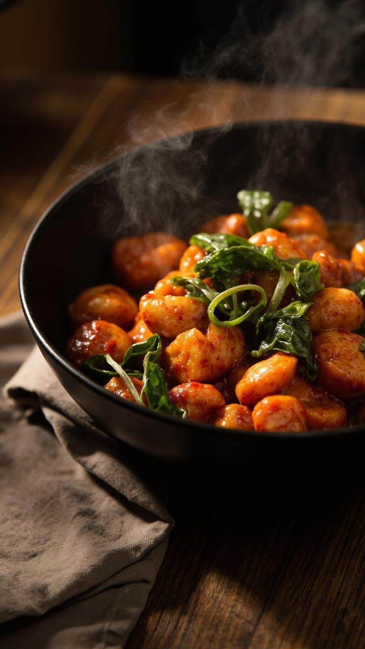 Orange gnocchi coated in a deep red harissa sauce in a shallow black bowl, wilted bright green spinach folded through, a drizzle of olive oil across the top, simple wooden table and a linen napkin