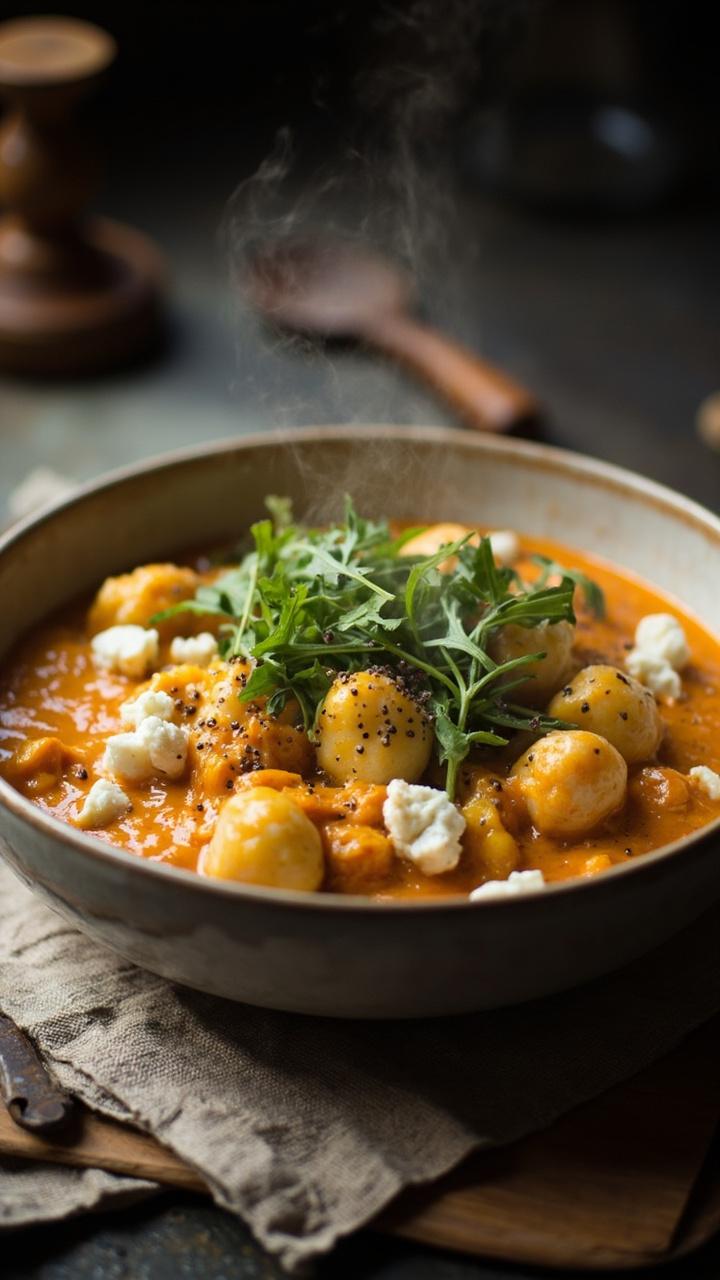 Creamy orange gnocchi tossed with crumbles of white goat cheese and bright green arugula in a shallow bowl, tiny flecks of cracked black pepper on top, neutral linen and a wooden spoon at the side