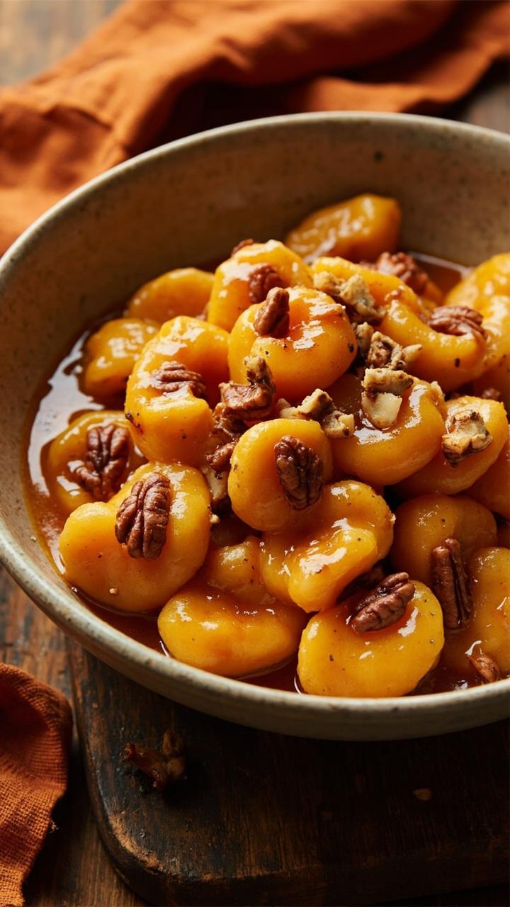 Pumpkin gnocchi glazed in a glossy maple butter sauce in a shallow neutral bowl, toasted pecans scattered on top, tiny pools of maple syrup catching the light, wood board and autumn napkin