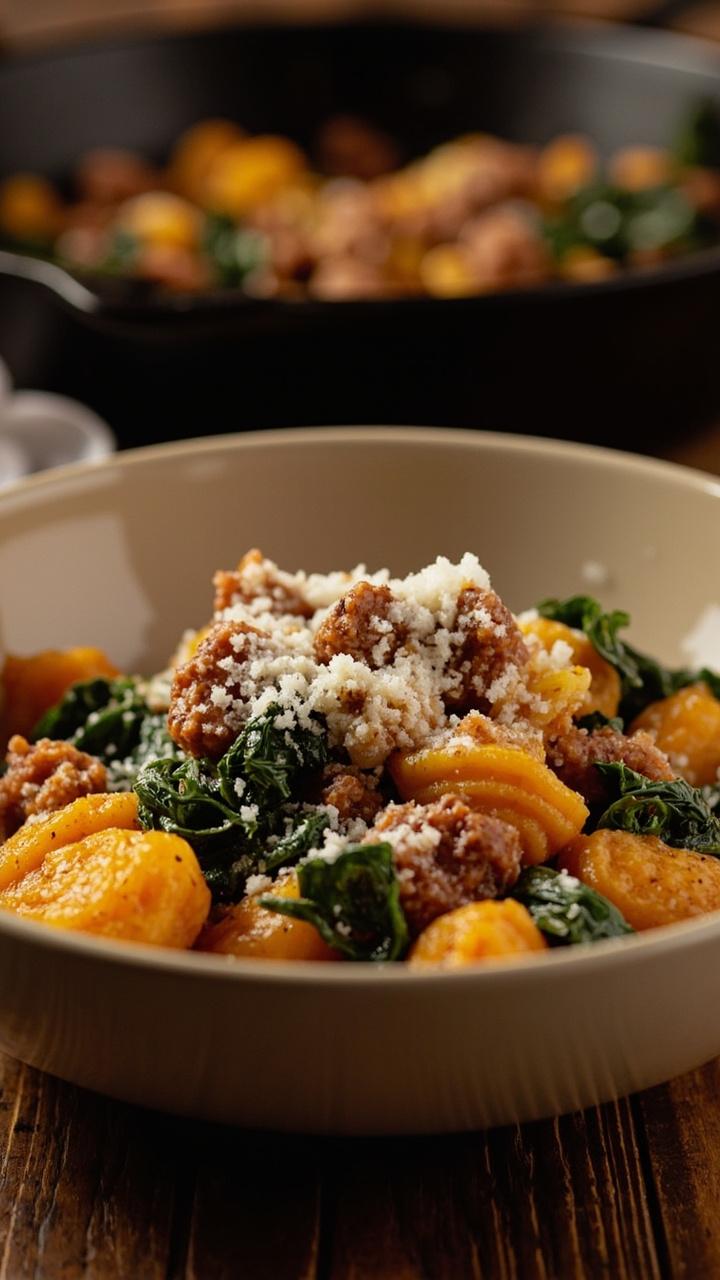 Chunky pumpkin gnocchi mixed with brown crumbled sausage and dark green kale in a wide shallow bowl, a light sprinkle of grated cheese on top, cast iron skillet in the background and a wooden table