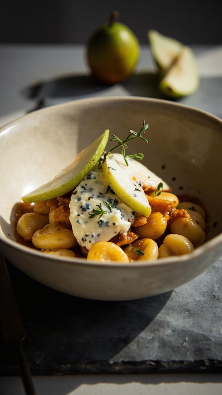 Pumpkin gnocchi in a shallow cream colored bowl with soft melted blue cheese and thin slices of ripe pear on top, tiny sprigs of thyme scattered, slate placemat and a small cheese knife beside it