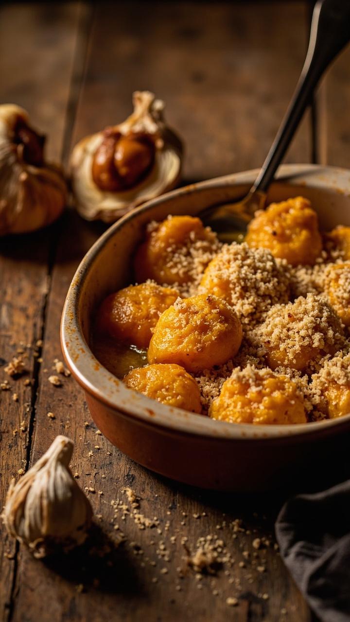Pumpkin gnocchi coated in a light garlic oil with golden toasted breadcrumbs on top in a shallow baking dish, a halved roasted garlic bulb nearby, wooden table and a serving spoon