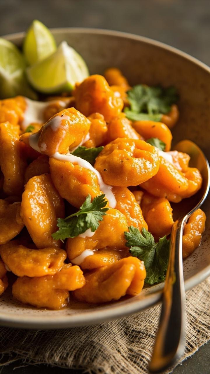 Orange pumpkin gnocchi in a shallow bowl with glossy coconut lime sauce, bright cilantro leaves scattered on top, lime wedges on the side, neutral placemat and a small spoon